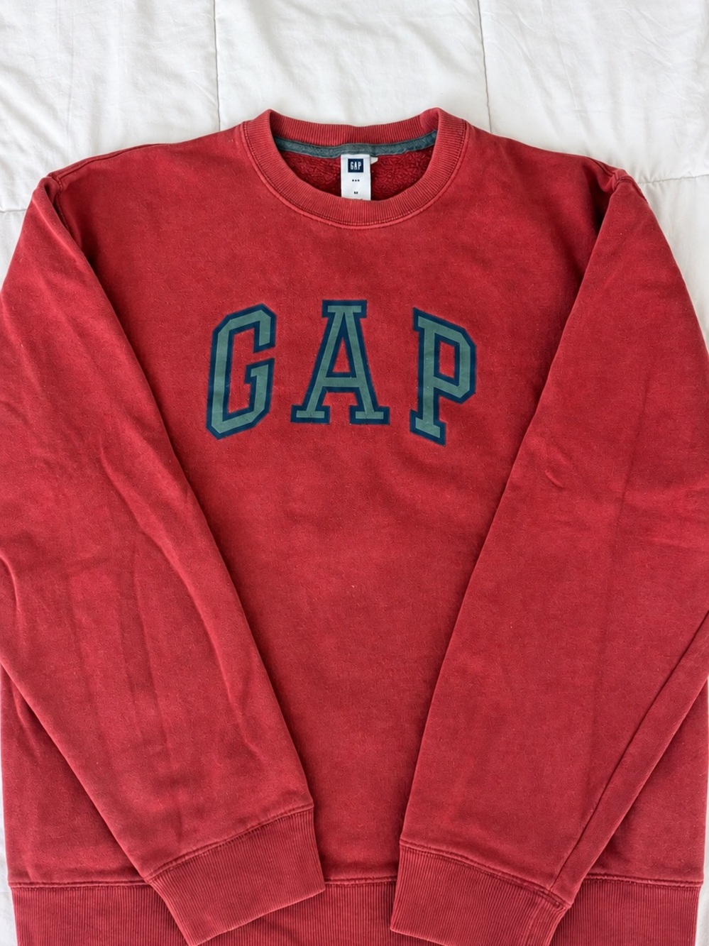 Vintage 1990s GAP Spellout Crewneck Sweatshirt Red Faded